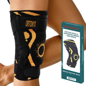 ORTONYX Hinged Knee Brace with Patella Ring & Fastening Straps, 3D Knitted Knee Sleeve for Pain Relief, Patella and Ligament Support, Recovery from Injuries, Meniscus Tear Arthritis ACL PCL Men & Women