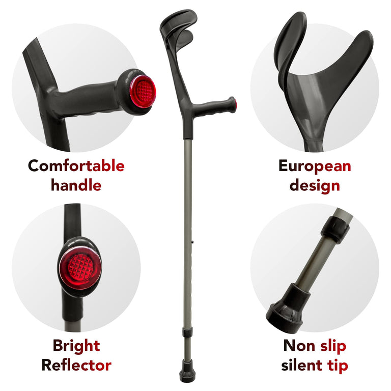 ORTONYX Forearm Crutches for Adults 1 Pair - Open Cuff - Handle with Light Reflector - Built-in Height Adjustment Clip - High Density Sturdy Aluminum - 308lb Max / AL01